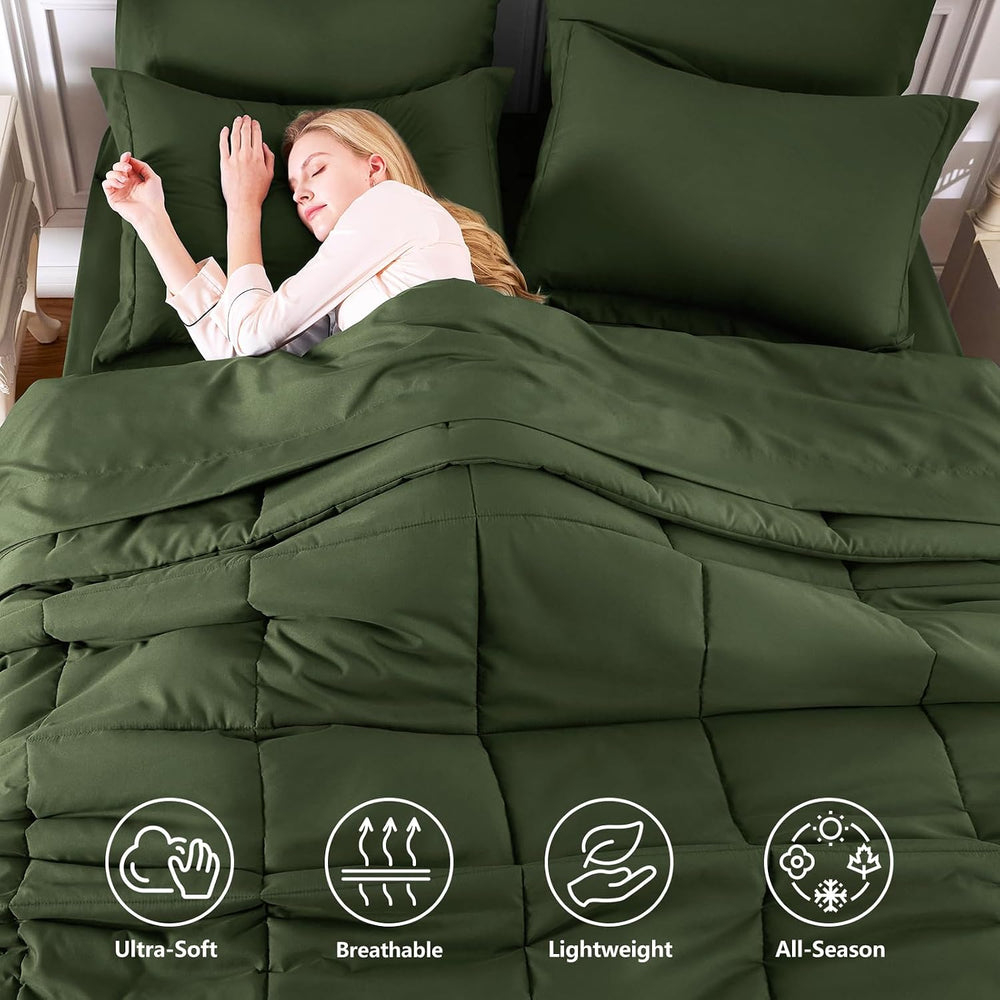 CozyLux King Size Comforter Set, 7-Piece Bed in a Bag, Olive Green