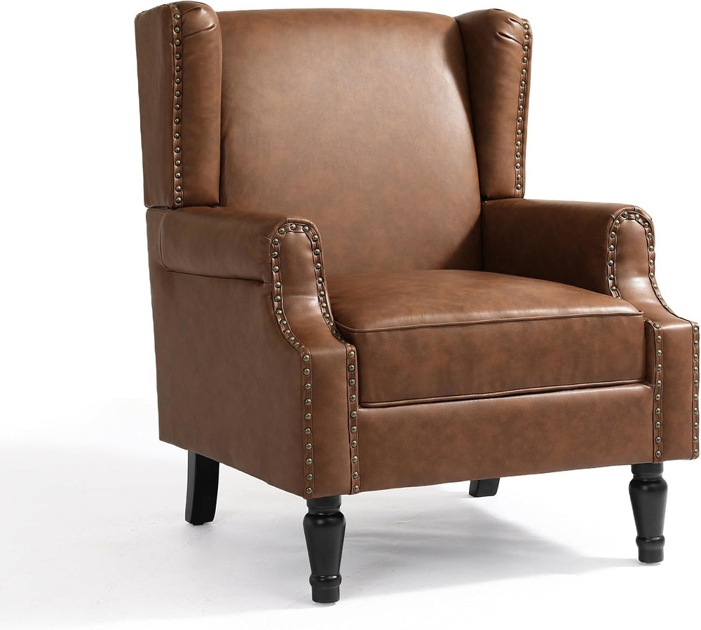 High Back Accent Chairs Set of 2, PU Leather Wingback Armchair, Brown