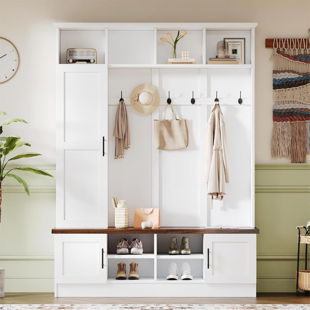 Merax Farmhouse Wood Hall Tree with 6 Hooks and Shoe Bench, Mudroom Versatile...