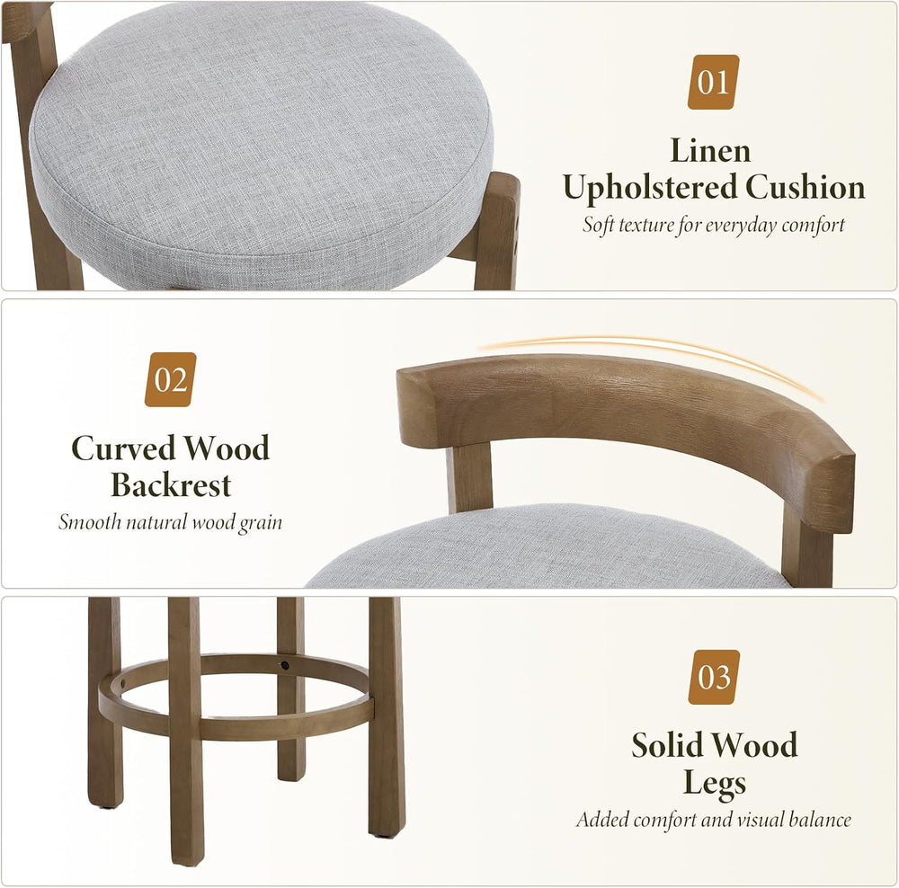 Ya-Home Mid-Century Bar Stools Set of 2, 26.5 Inch Linen Counter Height Uphol...