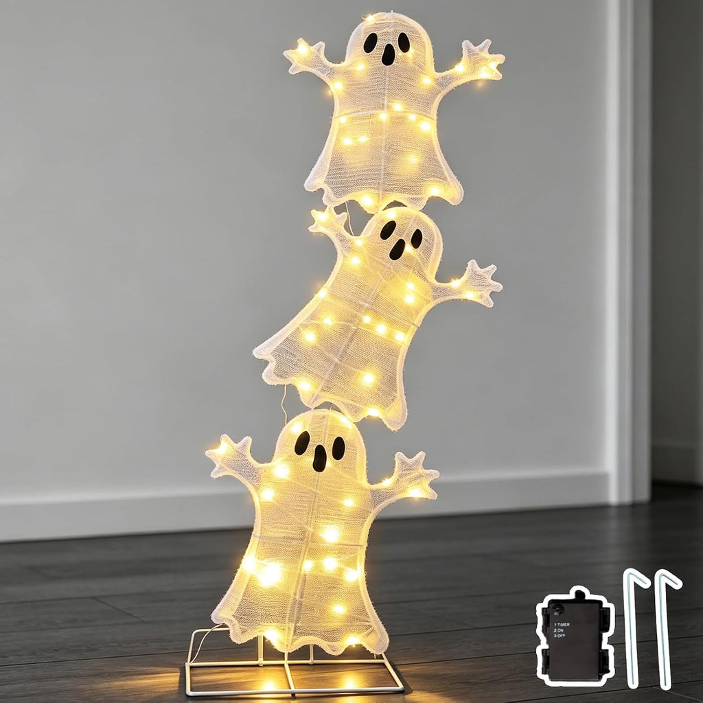 Halloween Decorations Lighted 3 Stacked Ghosts, Freestanding LED Ghost Yard Sign with Timer Battery Operated, Warm White Light Up Ghost Decor for Porch Lawn Garden Indoor Outdoor Holiday Display