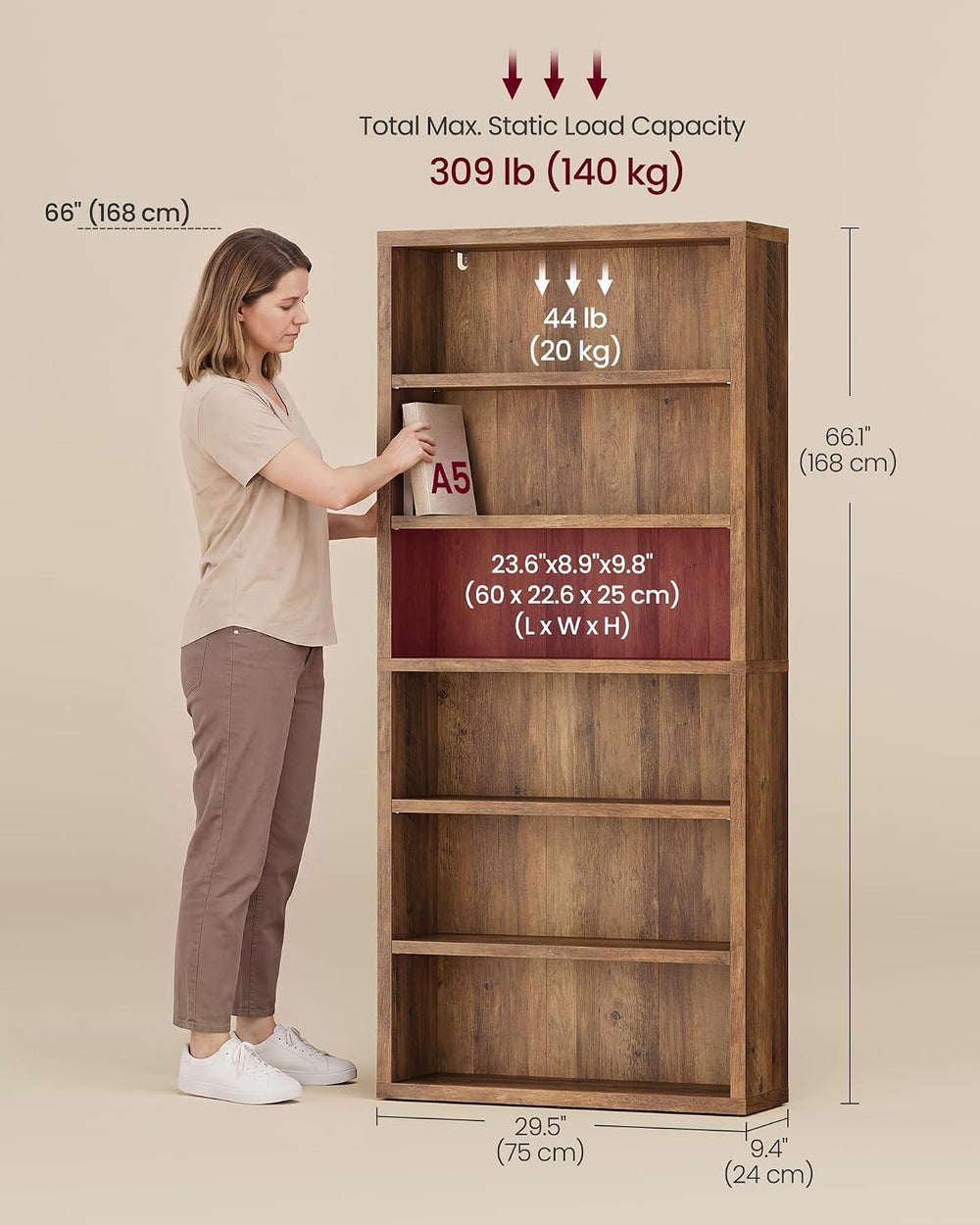 VASAGLE 6-Tier Bookshelf, Minimalist Bookcase with Adjustable Shelves