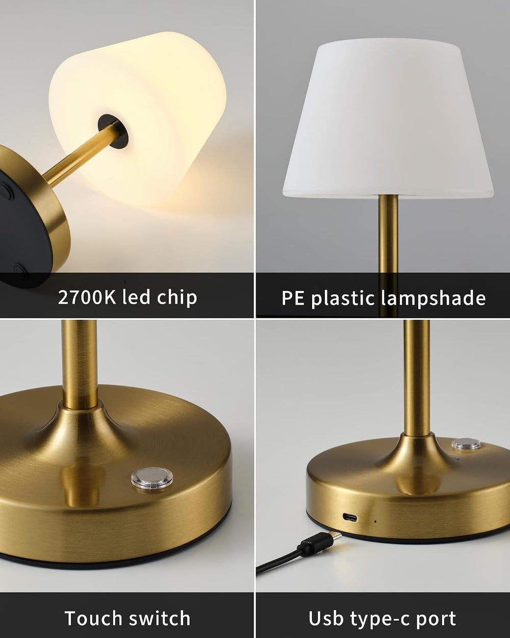 PUSU Cordless LED Gold Small Table Lamp, Waterproof Shower Desk lamp