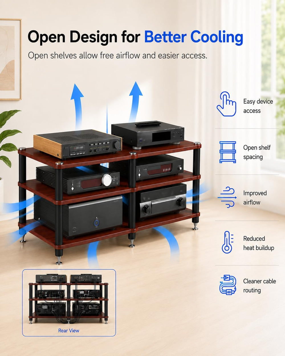 3 Tier Heavy Duty AV Media Stand, Stereo Stands and Racks, Teak