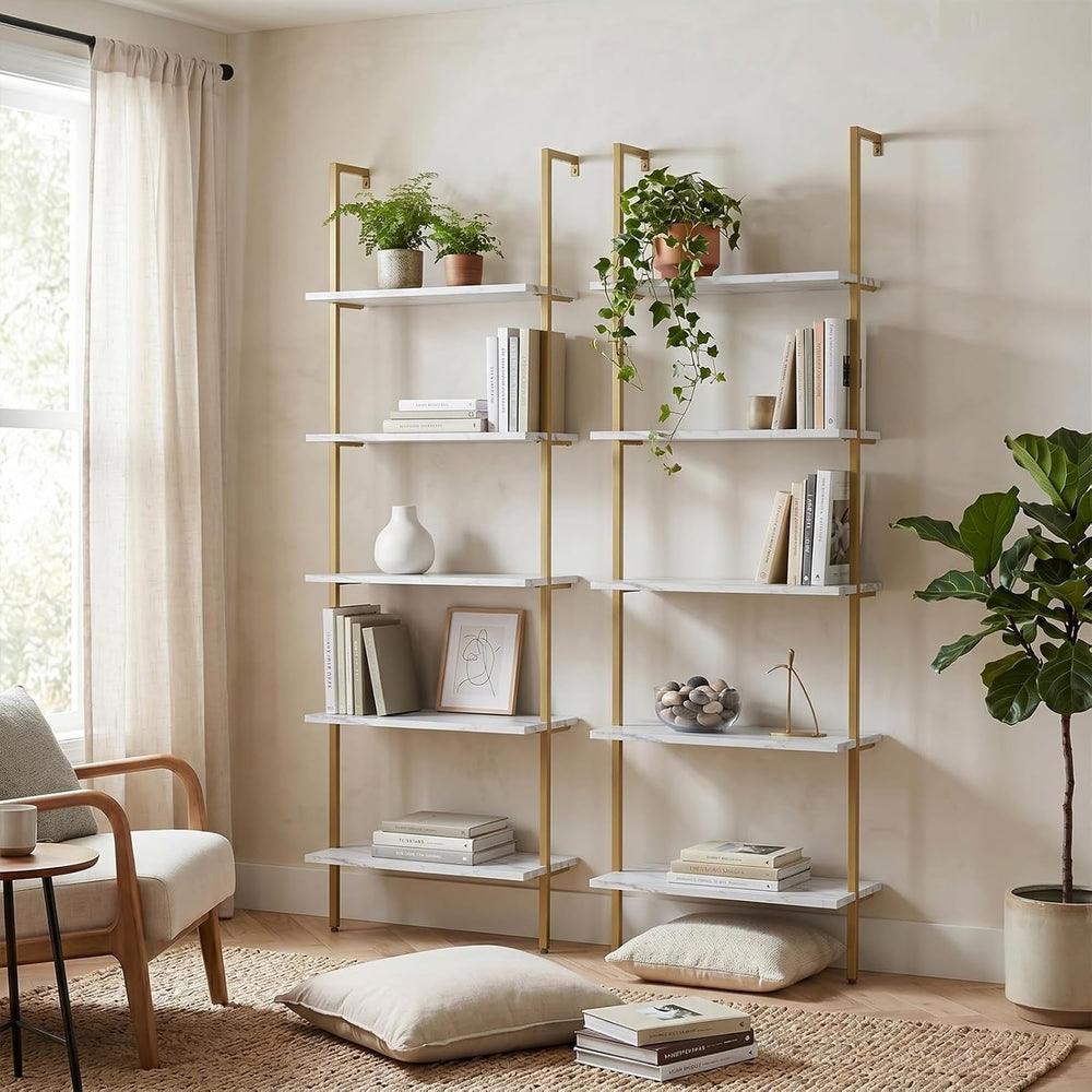 aboxoo Ladder Shelf 2PCS White Marble Bookshelf 5-Tier Wall-Mounted Wood Rack...