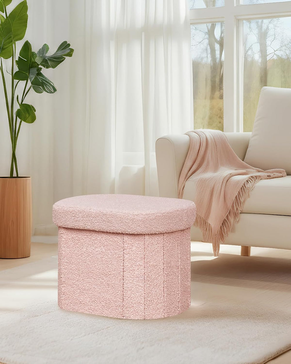 B FSOBEIIALEO 16.14" Boucle Storage Ottoman Cube for Dorm Room, Pink