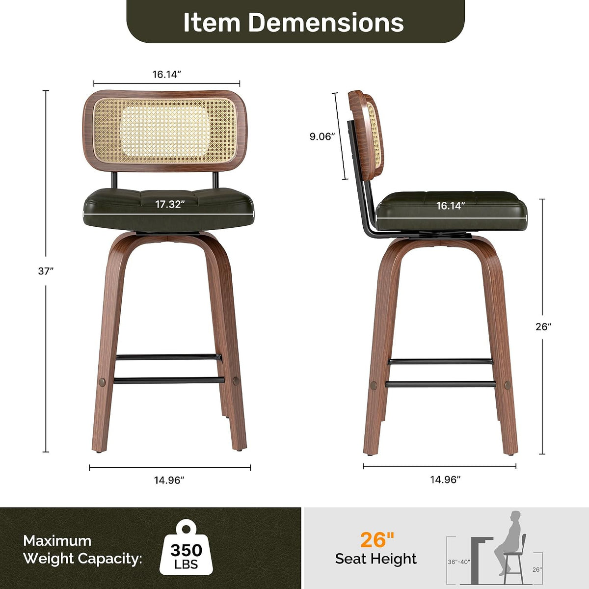 Swivel Counter Height Bar Stools Set of 2, PE Rattan