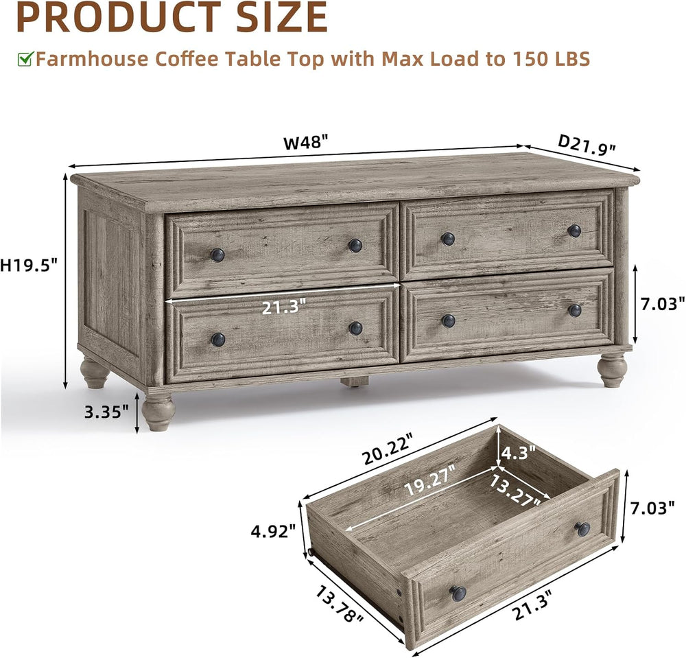 RWYHG 48" Farmhouse Grey Coffee Table, Center Table with 4 Drawers