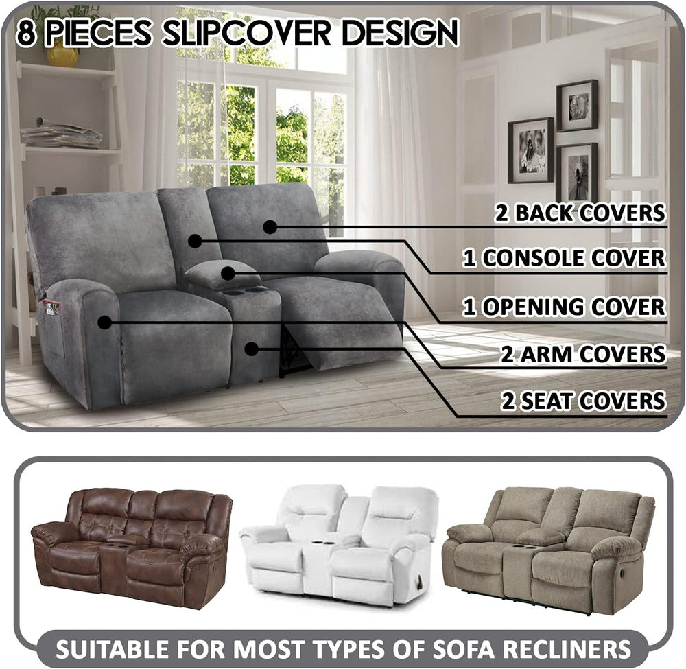 ULTICOR Reclining Loveseat with Middle Console Slipcover, 8-Piece Velvet Stre...