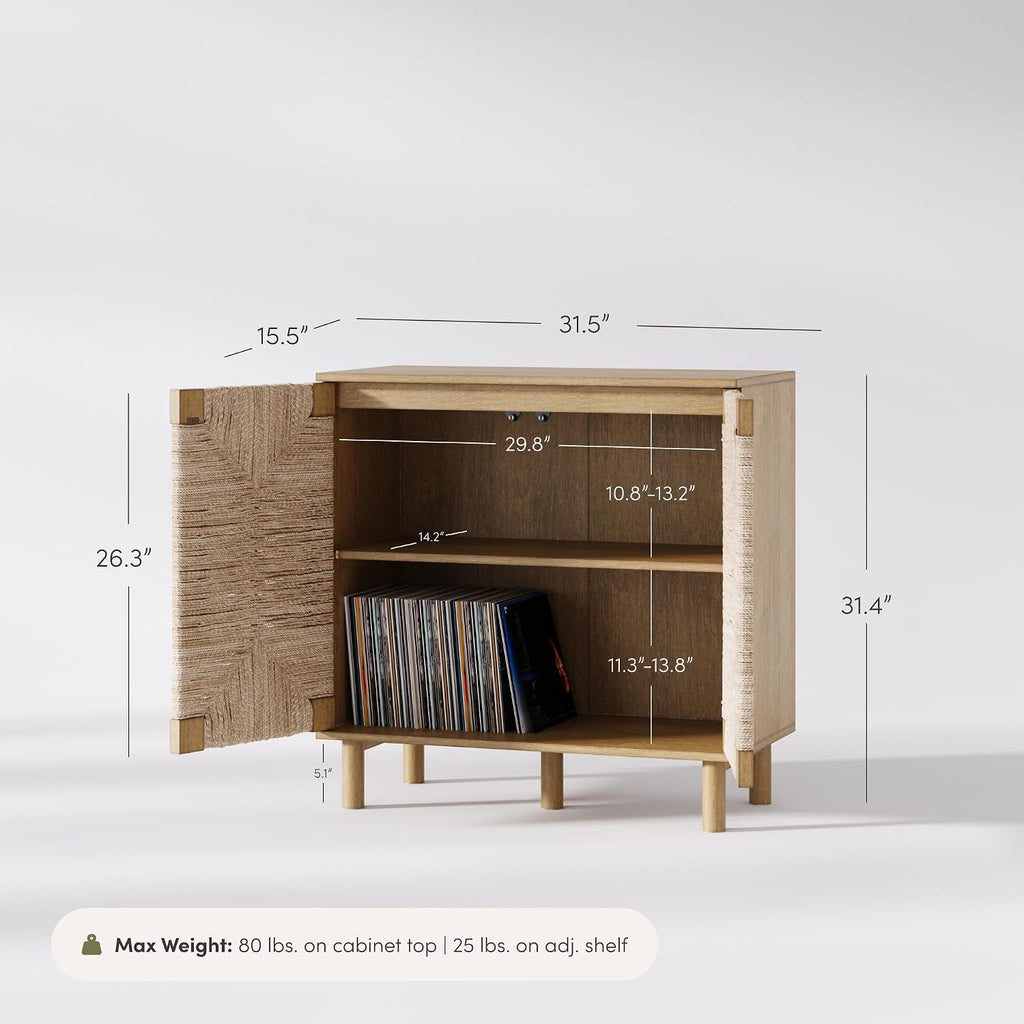 Nathan James Beacon Accent Buffet Sideboard Cabinet, Natural Light Wood Storage with Adjustable Interior Shelf and Seagrass Doors, for Hallway, Entryway or Dining Room, Light Brown