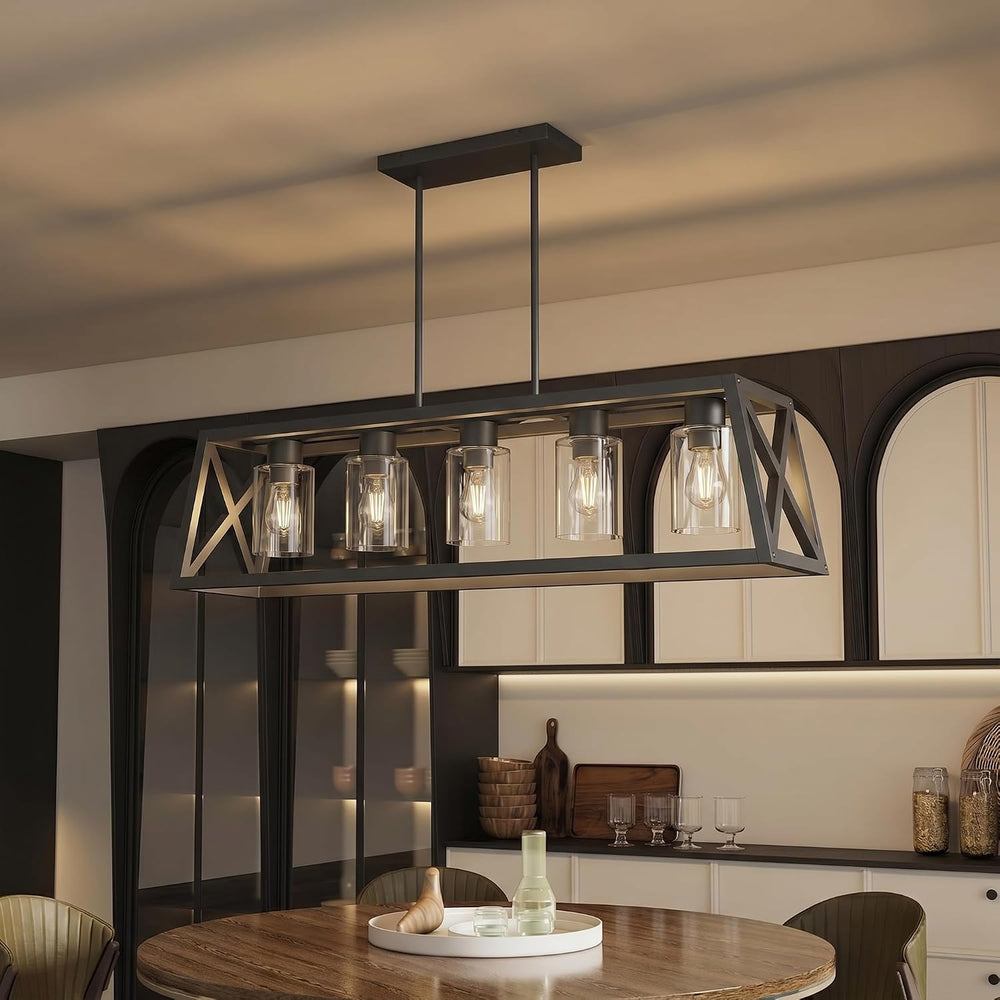 Dining Room Light Fixture, 5 Light, Black, Adjustable, Thickened, Trapezoid