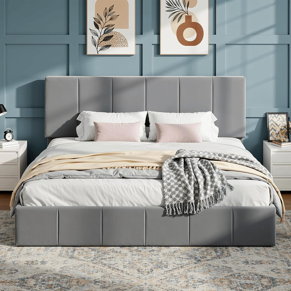 SHA CERLIN King Size Bed Frame, Velvet Upholstered Platform Bed, Grey