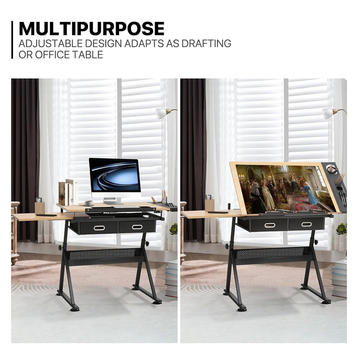 monibloom 39‘’ adjustable drafting table & stool set showing dimensions