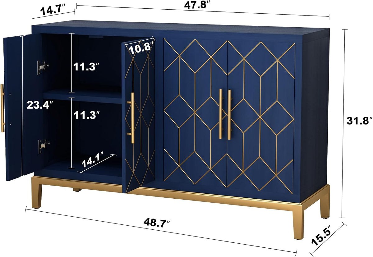 47.8" Storage Accent Cabinet with 4 Doors, Modern Sideboard Buffet Cabinet with Gold Lines, Wood Decorative Credenza with Storage for Living Room, Kitchen, Dining Room, Entryway, Blue