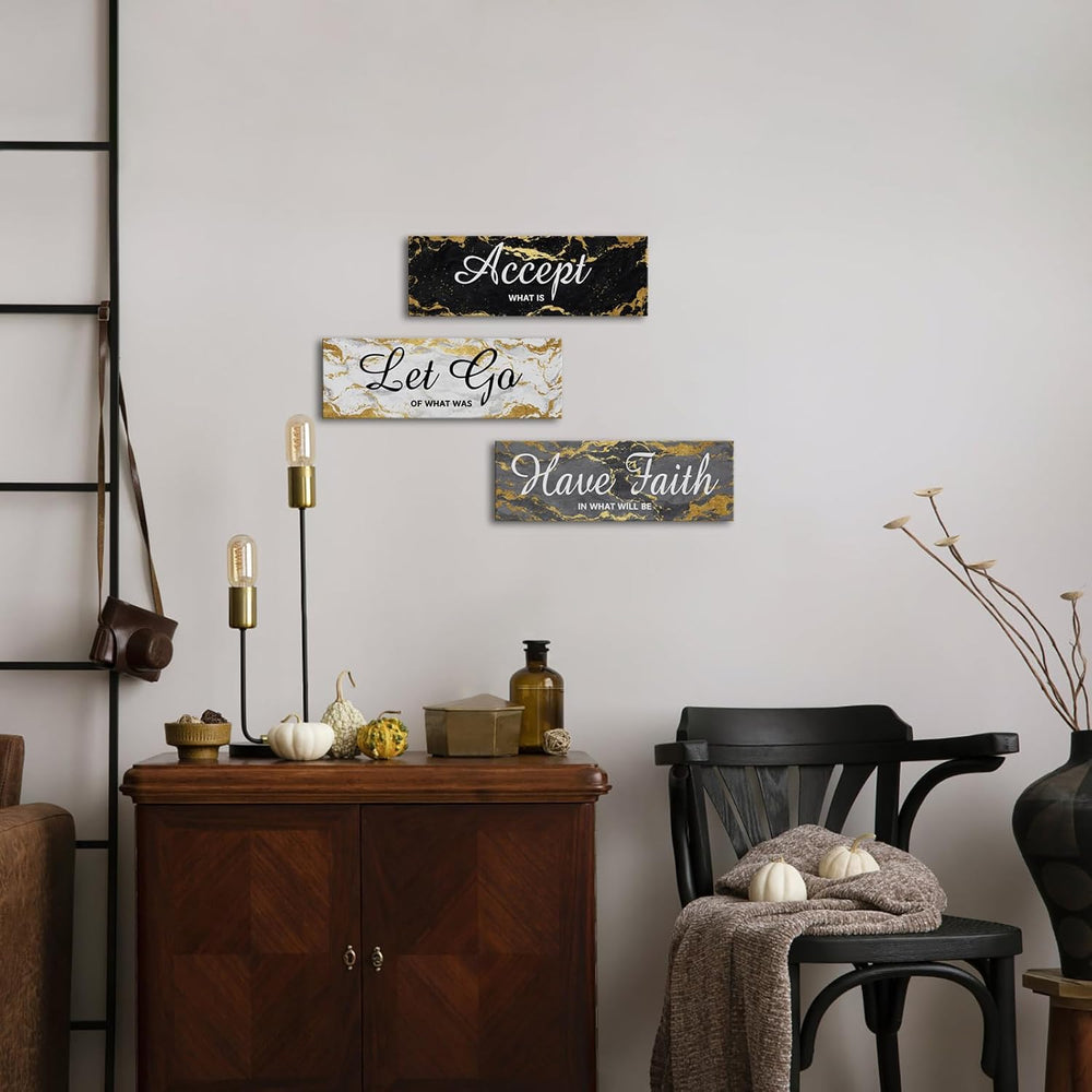 iKNOW FOTO 3 Pieces Black Grey and Gold Wall Art Accept Let Go Have Faith Bed...