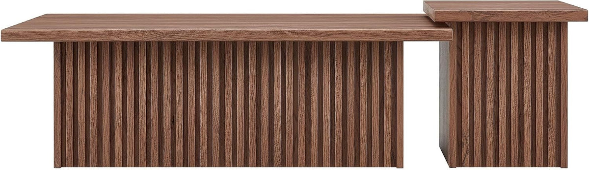 Modway Render Slatted Nesting Coffee Table Set in Walnut - 2 Piece Low Profile Coffee Table Mid Century Modern - Abstract Coffee Tables for Living Room - Nested Accent Tables