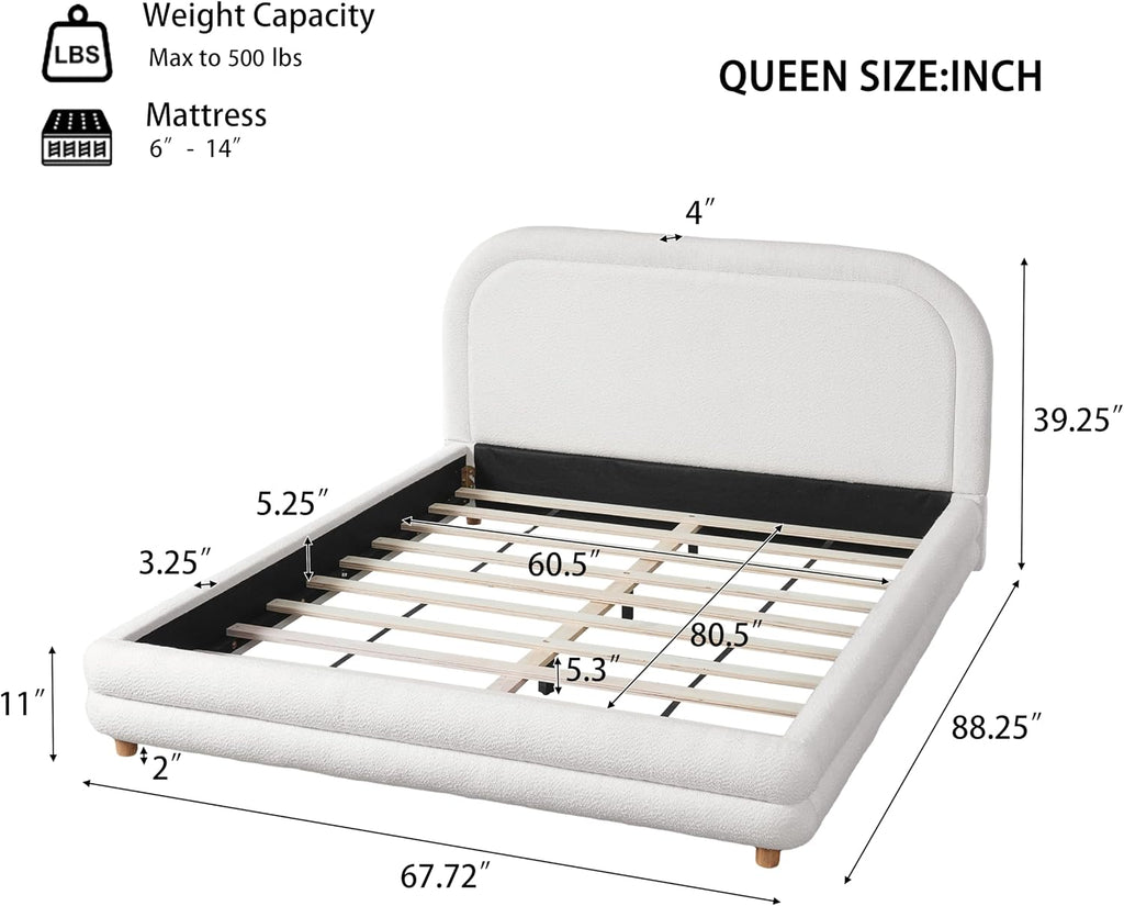 Virubi Queen Size Boucle Upholstered Bed Frame with Boucle Upholstered Thick Curved Headboard, Modern Half-Round Design Platform Bed with Solid Wood Legs, White (Queen)