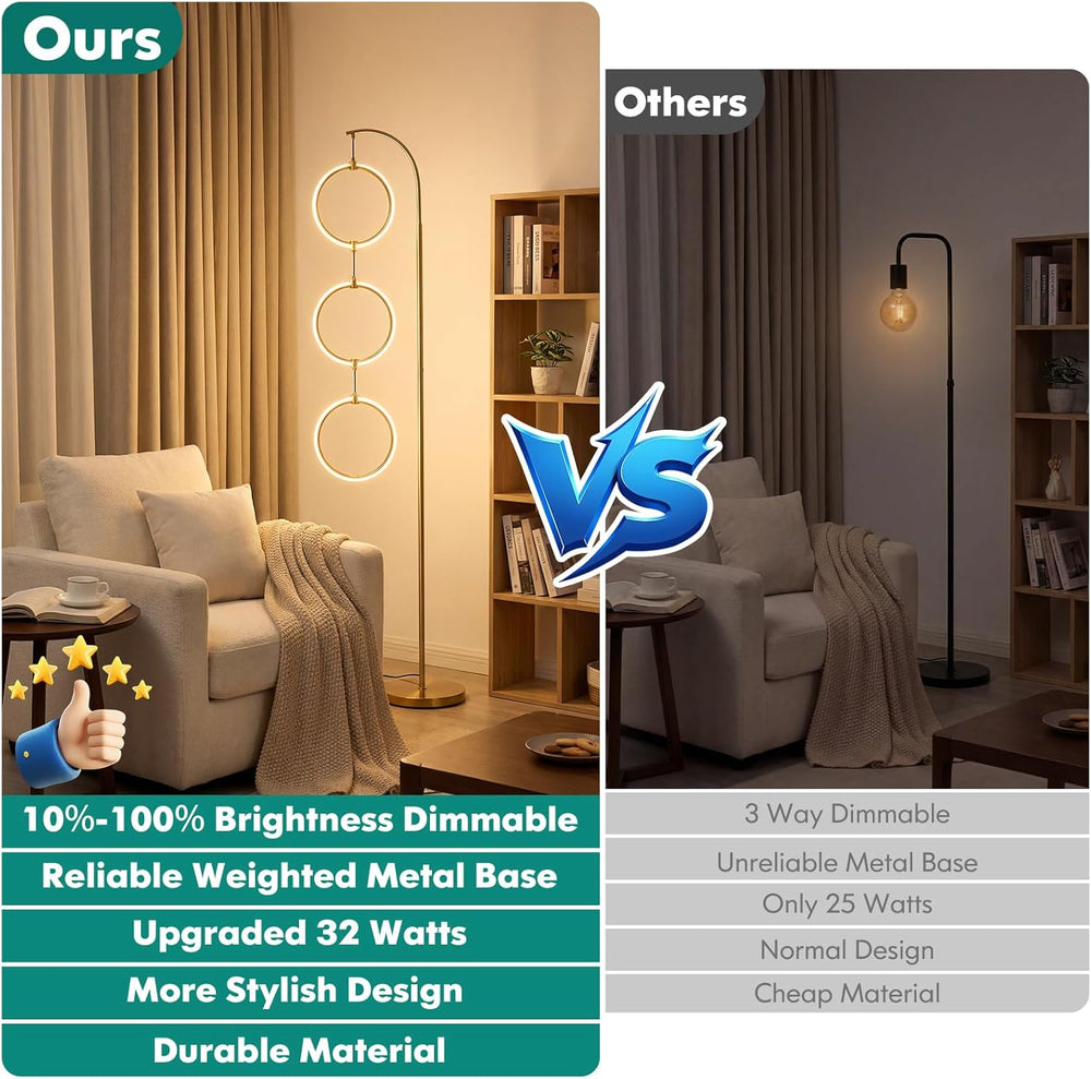 Bairth Gold 3-Light LED Floor Lamp, Modern Arc Floor Lamp for Living Room