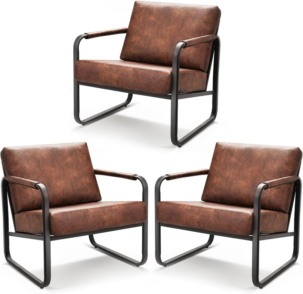 PrimeZone Faux Leather Mid-Century Modern Accent Chair Set of 3, Brown