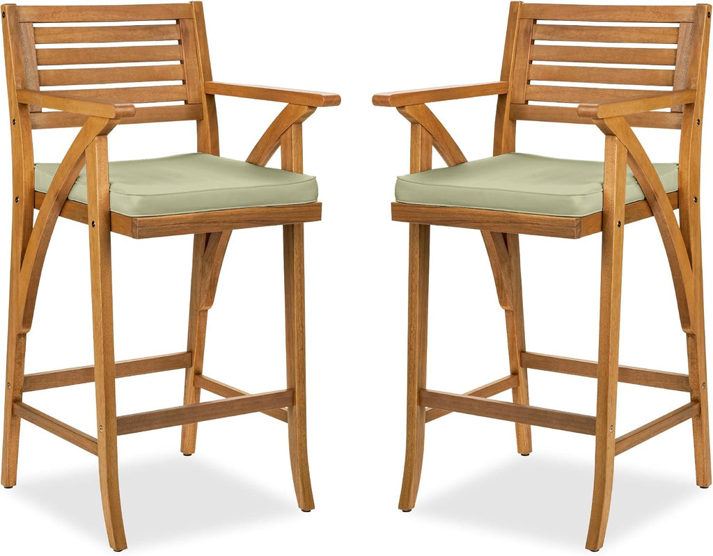 Best Choice Products Set of 2 Outdoor Acacia Wood Bar Stools Bar Chairs for Patio, Pool, Garden w/Weather-Resistant Cushions - Sage