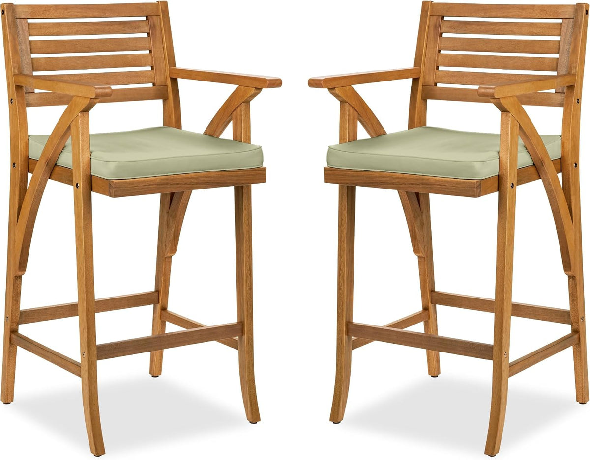 Best Choice Products Set of 2 Outdoor Acacia Wood Bar Stools Bar Chairs for Patio, Pool, Garden w/Weather-Resistant Cushions - Sage