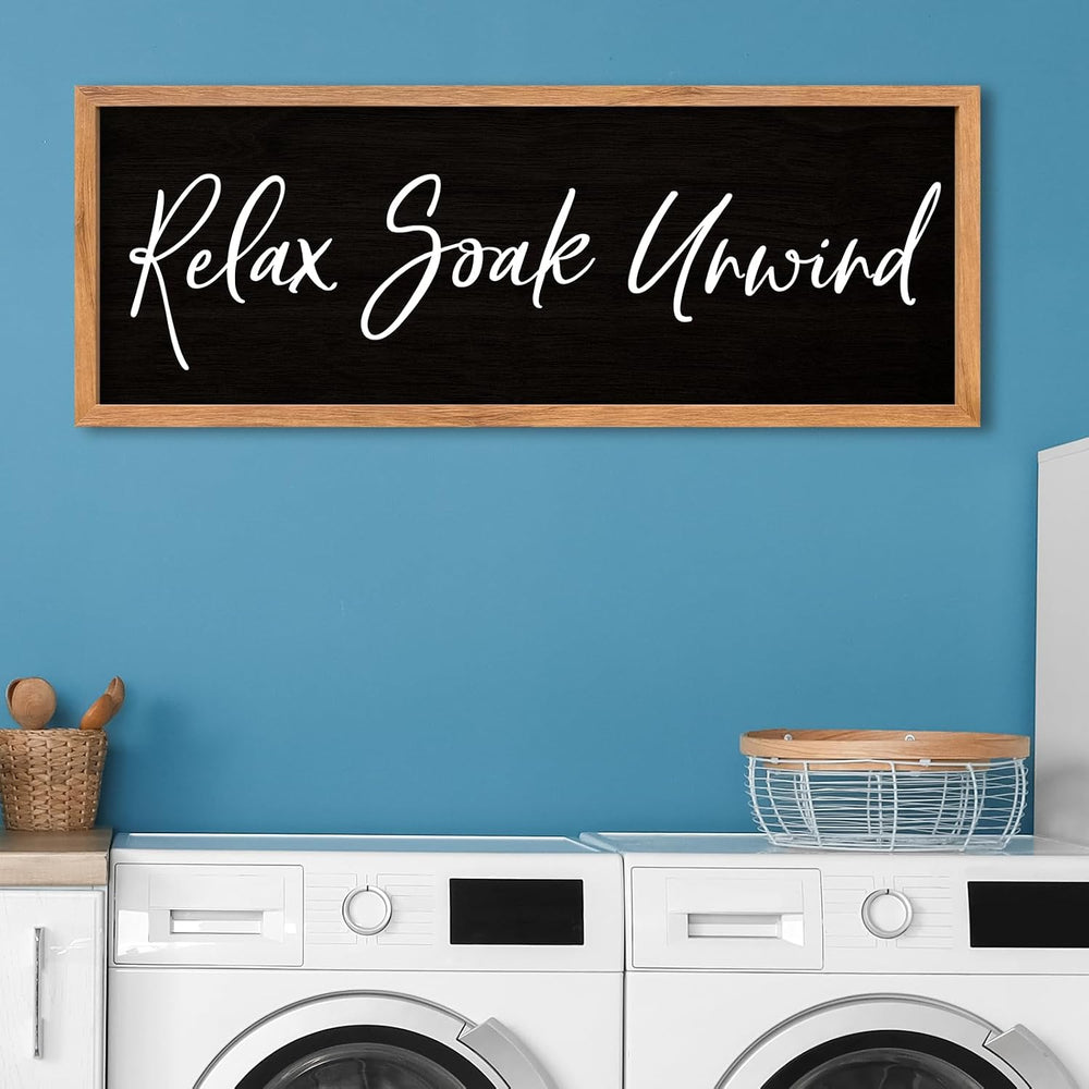 AuraPeak Relax Soak Unwind Sign Bathroom Wall Decor, Wood Black, 32"×12&...