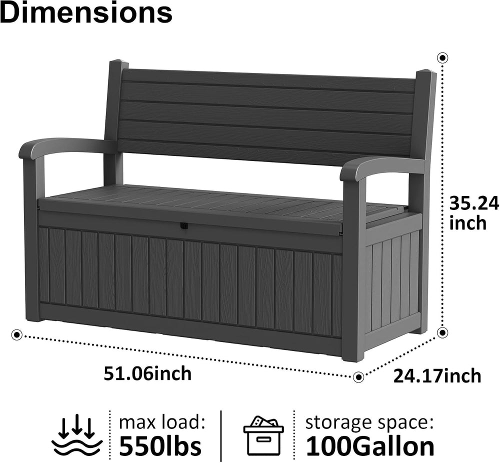 100 Gallon Outdoor Storage Bench,Waterproof Resin Deck Box with Seat Black