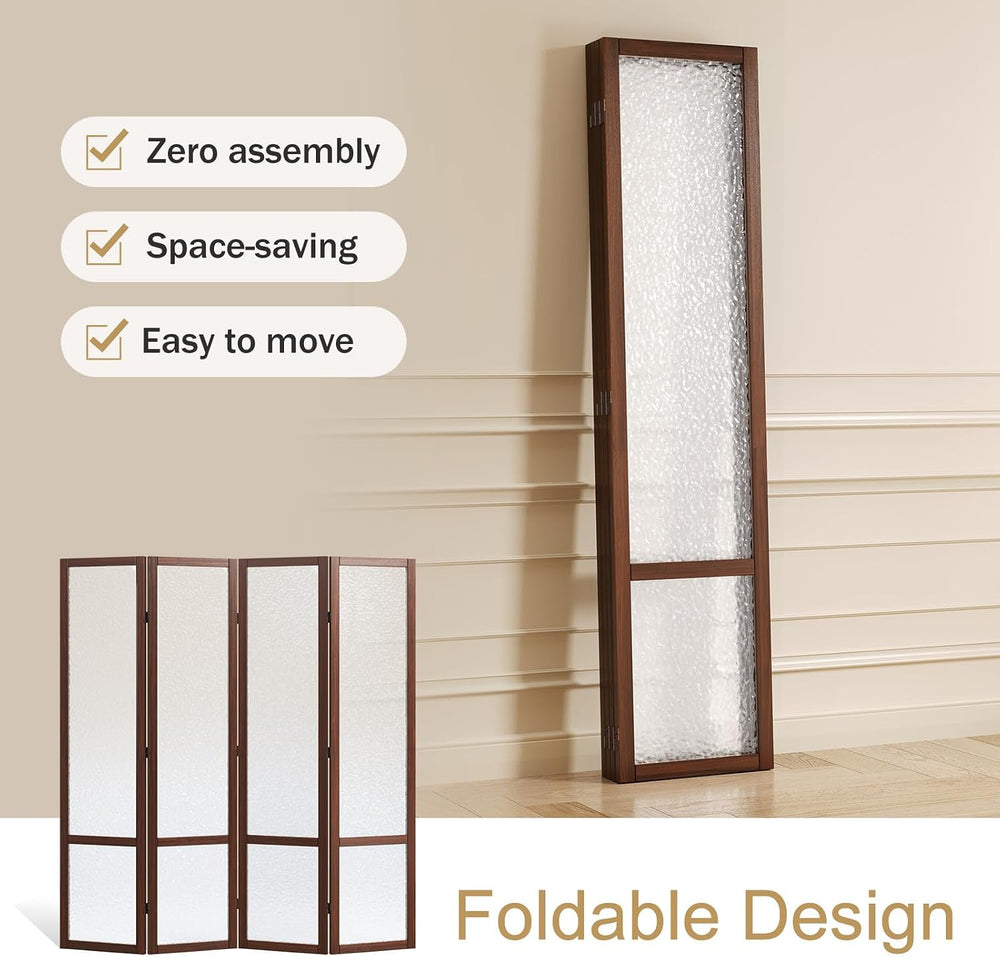 Svimi Acrylic Room Divider, Frosted 4-Panel Folding Screen, Walnut