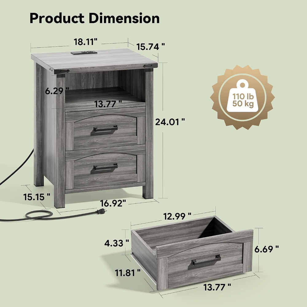 Decofy Farmhouse Nightstand Set of 2 with Charging Station, 2 Drawers