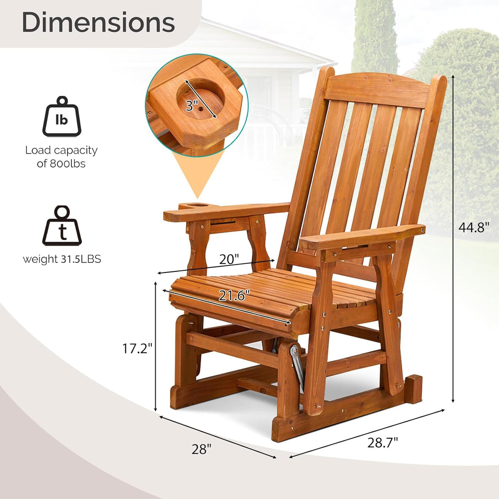 VINGLI Wooden Patio Glider, Heavy Duty 600 LBS Outdoor Glider with Cup Holder...