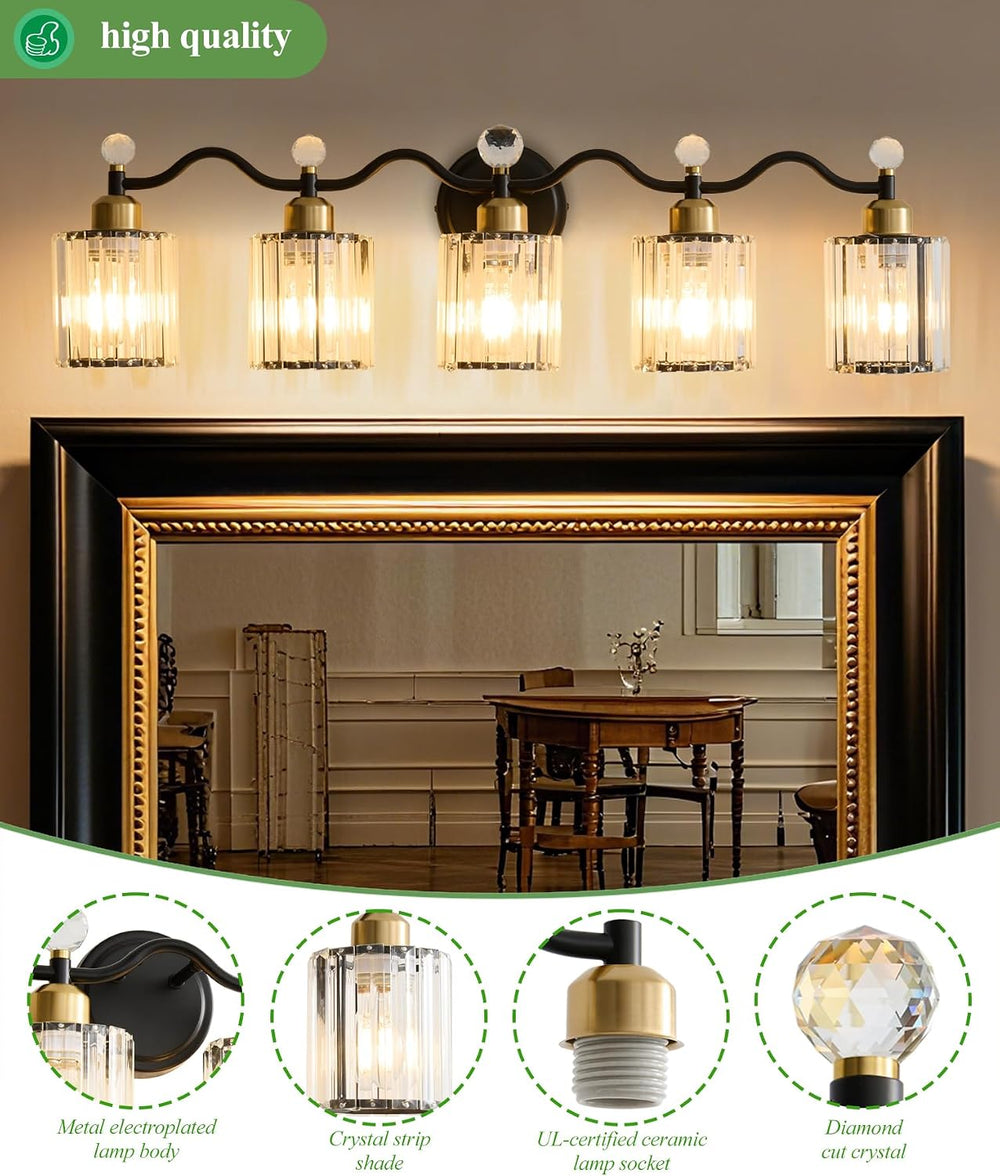 Black&Gold Bathroom Vanity Light Fixtures Over Mirror,5-Light Crystal Bat...