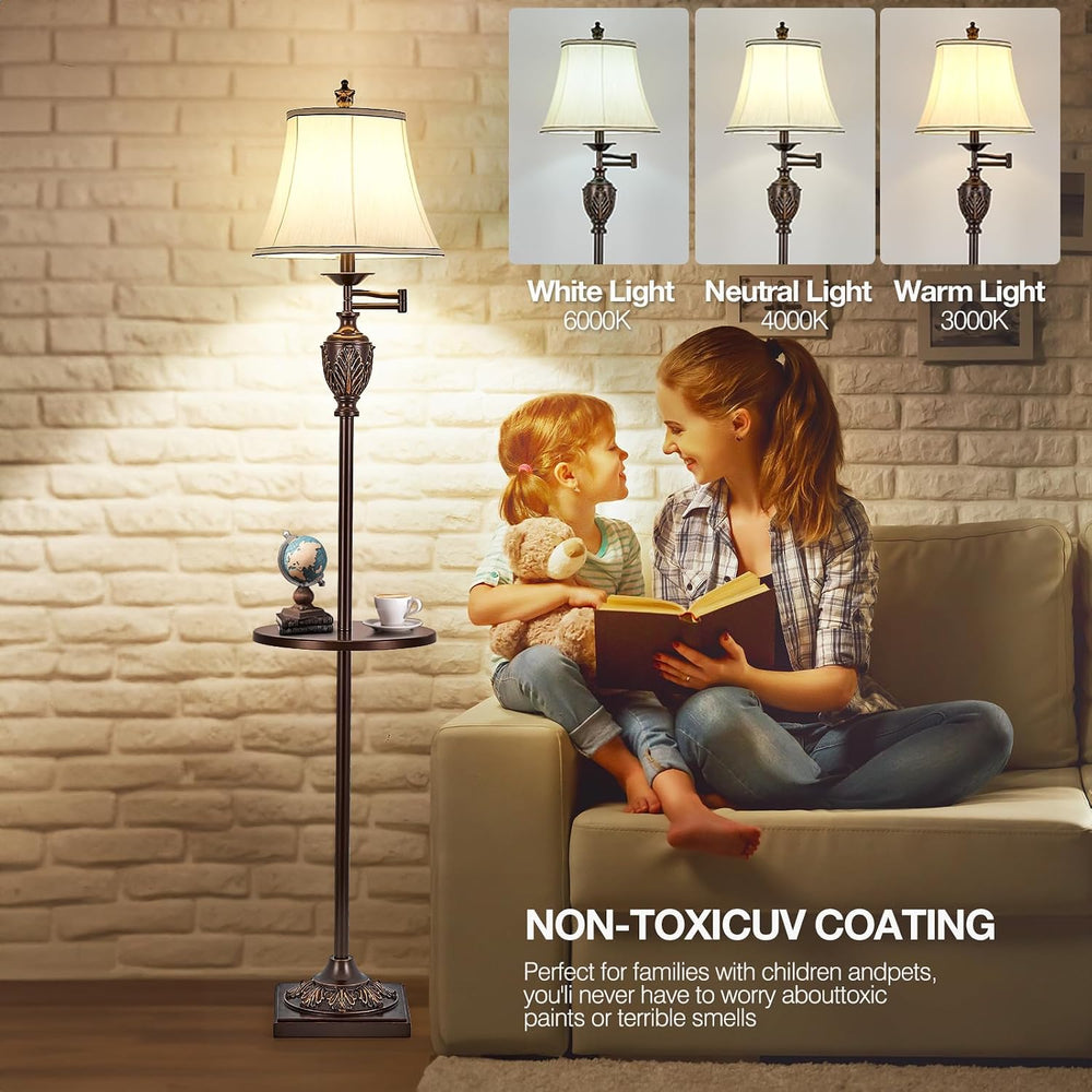 Traditional Floor Lamp with Tray, Remote Dimmable, 350° Swing Arm and Brown