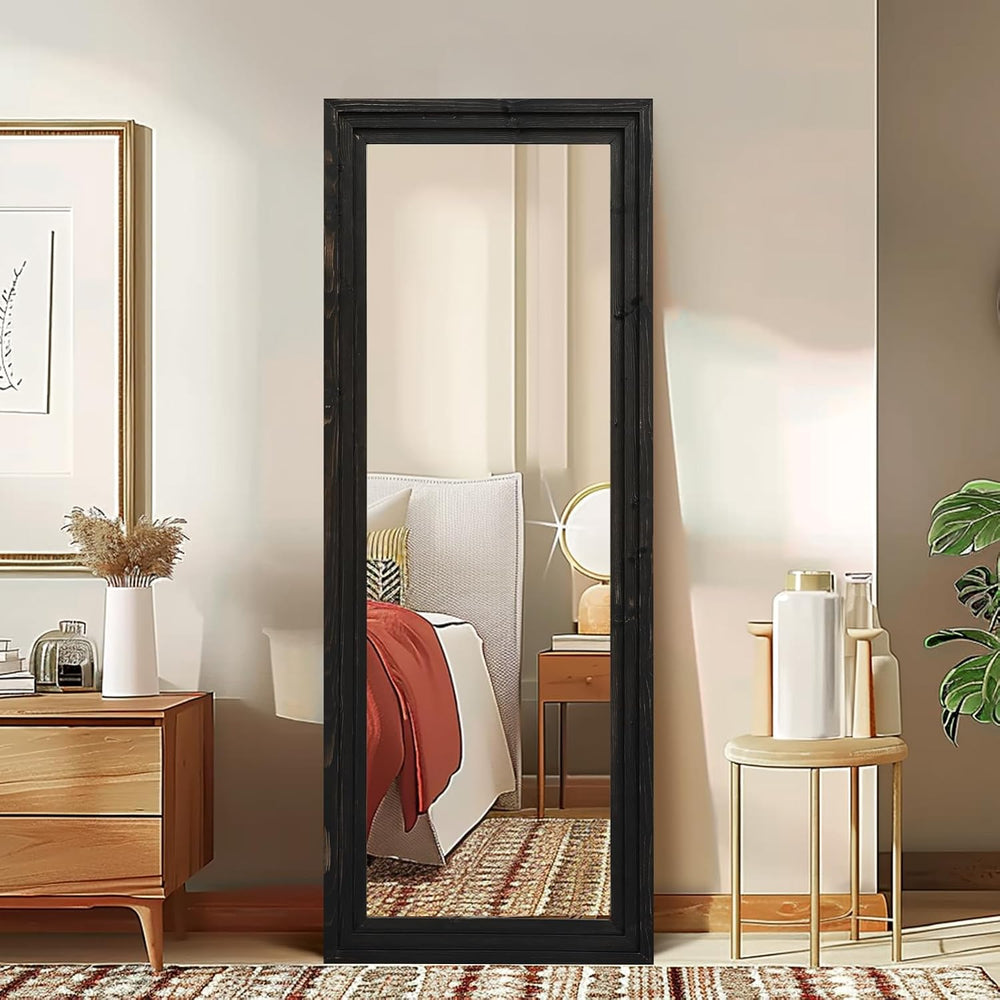 58x22in Full Length Mirror, 3-Tier Stepped Solid Wood Frame, Black