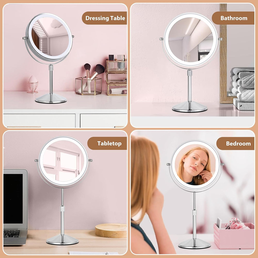 8" Tall Lighted 1X/10X Magnifying Makeup Mirror, Adjustable Height