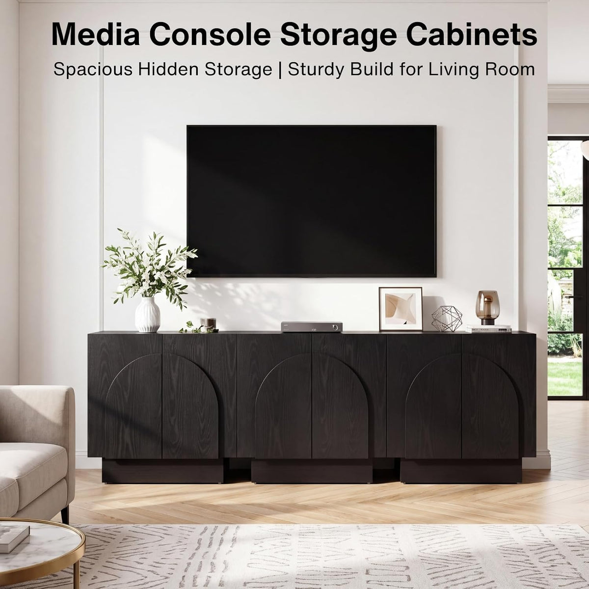 Ya-Home Black Sideboard Buffet Cabinet with Storage, 31.5” Modern Sideboard Cabinet with Arched Doors & Shelf, Farmhouse Accent TV Station Media Console Credenaza for Living Room Entryway