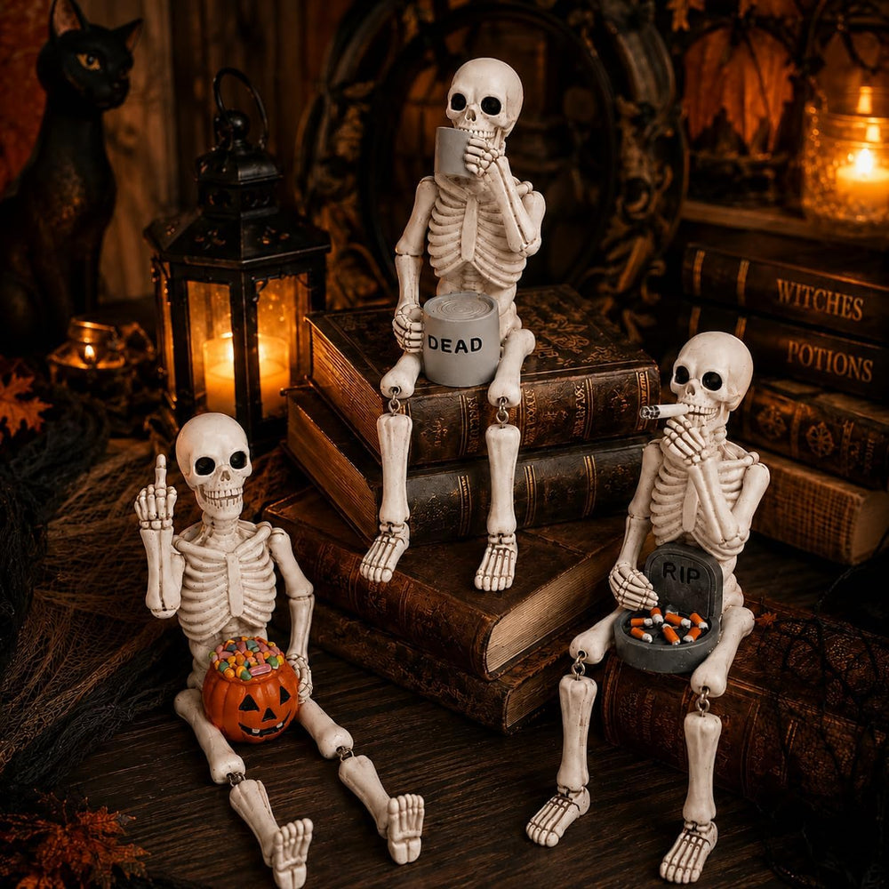 Halloween Skeleton Statues, Set of 3 Funny Skeleton Shelf Sitters