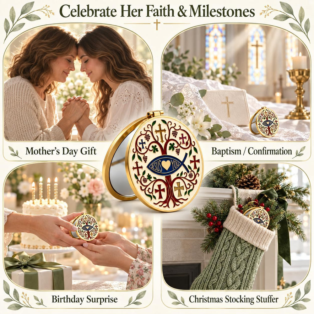 Christian Compact Mirror, 1X/2X Magnification, Gold-Tone, Gift Box & Card