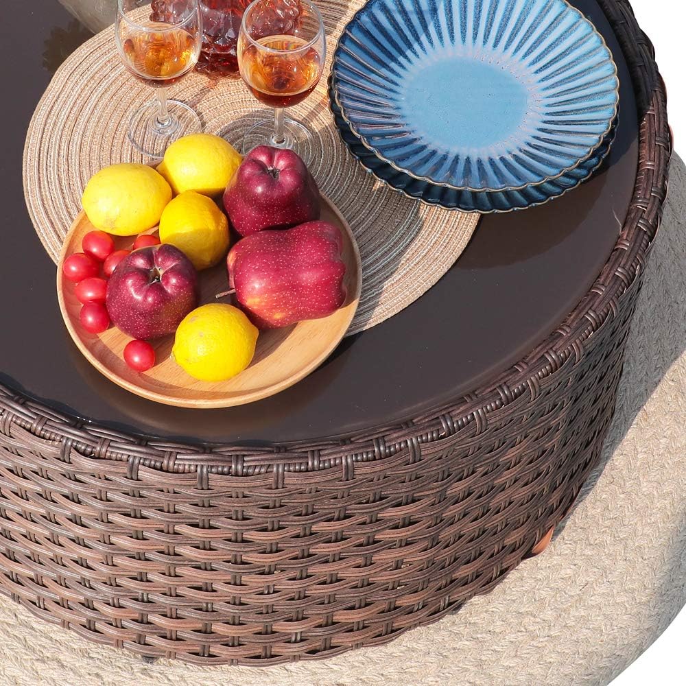 SUNSITT 28" Round Wicker Outdoor Coffee Table with Tempered Glass Top Brown
