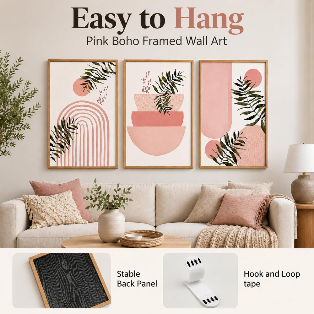 Framed 3pcs Boho Pink Geometric Leaf Canvas Wall Art 12x16 Inch