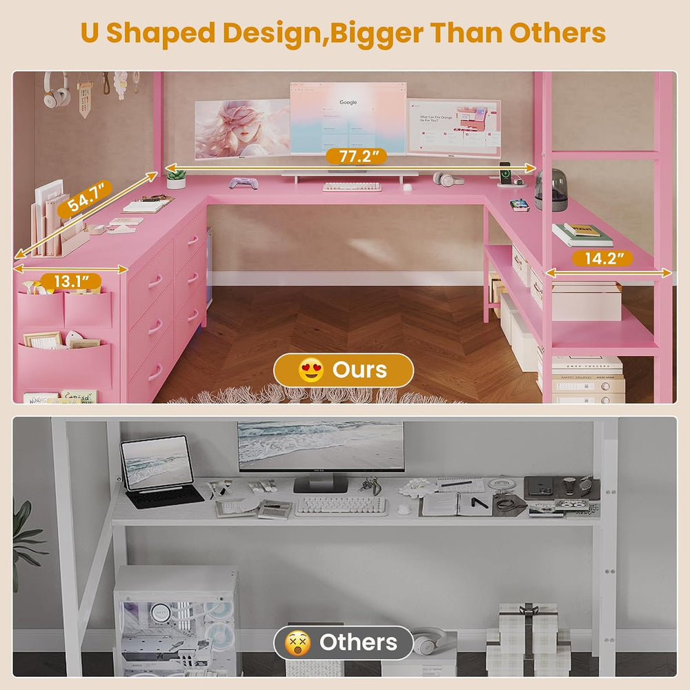 ADORNEVE Loft Bed Full Size with U-Shaped Desk, 6 Storage Drawers, Pink