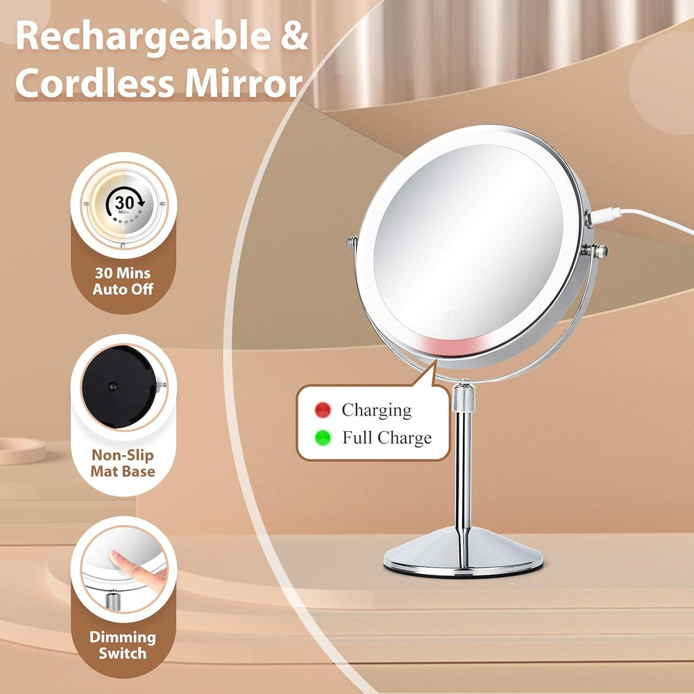 8" Tall Lighted 1X/10X Magnifying Makeup Mirror, Adjustable Height