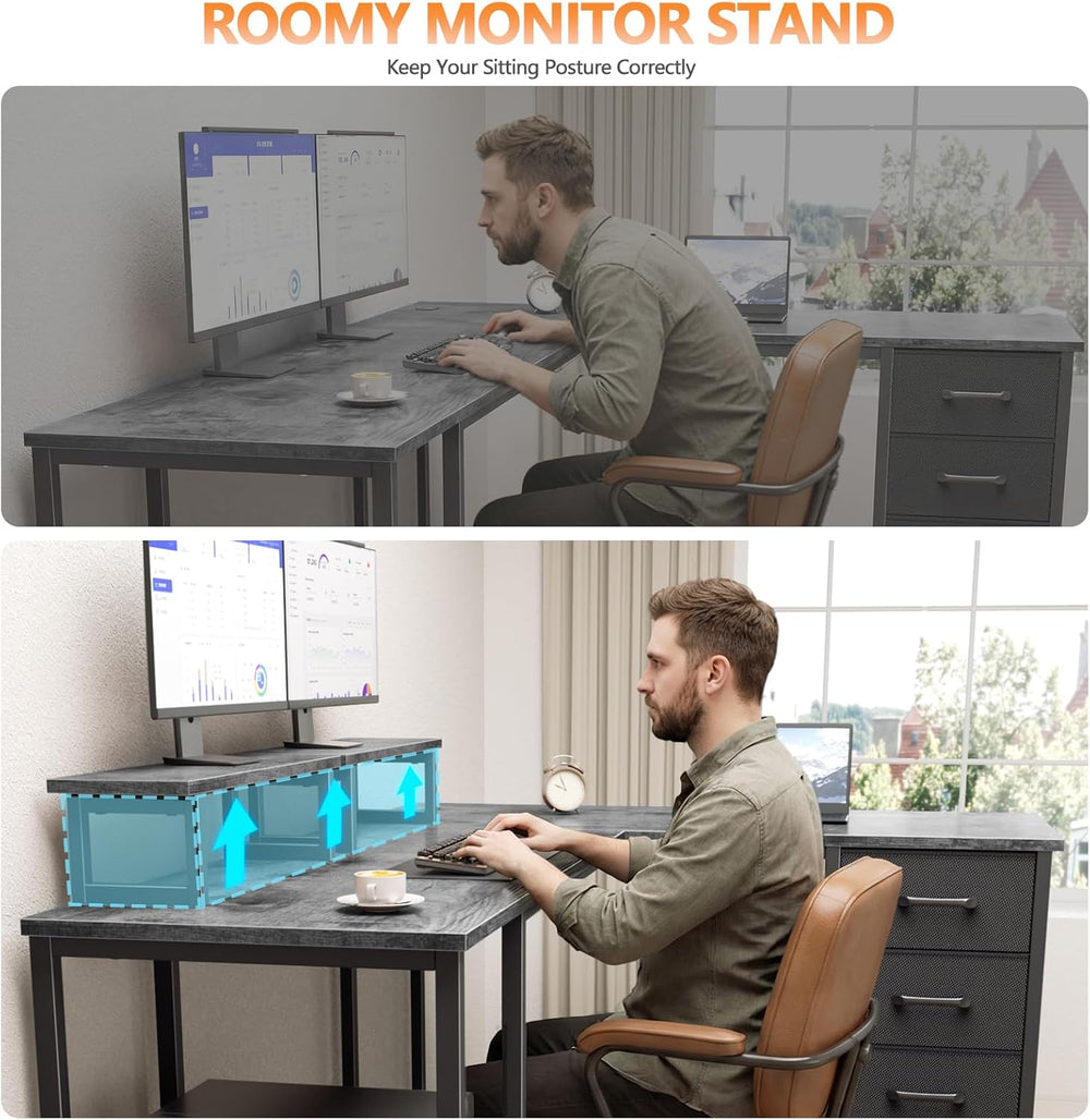 Korfile 59 inch L Shaped Computer Desk with Power Outlets, Grey