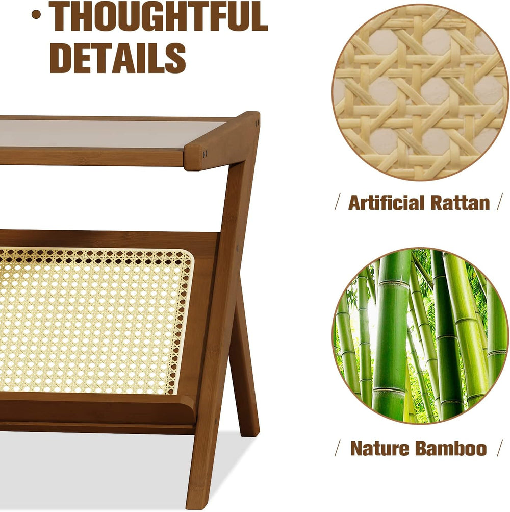 Bamworld Rattan Coffee Table with Glass Top Mid-Century Modern Center Table