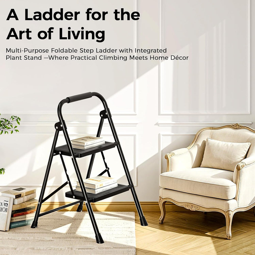KINGRACK 2 Step Ladder Folding Step Stool with Handrail for Kitchen Black