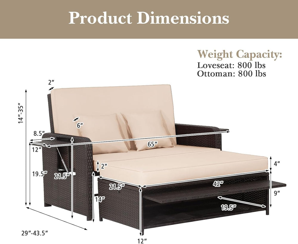 Tangkula 2-Person Patio Rattan Daybed with 4-Level Adjustable Backrest