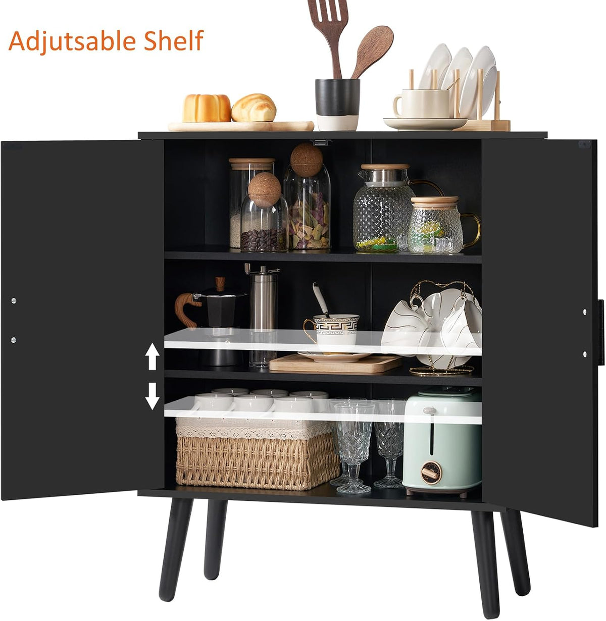 Iwell Storage Cabinet with 2 Shelves & Doors, Sideboard Buffet Cabinet with Storage, Entryway Cabinets, Accent Cabinets for Living Room, Dining Room, Entryway, Black
