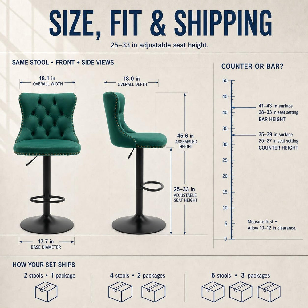 ODUSE-DAILY Green Velvet Bar Stools Set of 4 - Adjustable Swivel Counter Heig...