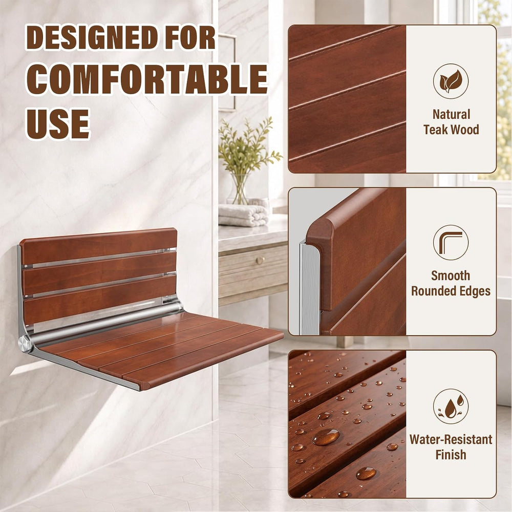 20" Folding Shower Seat Wall Mounted, Foldable Teak Shower Bench, Max 440lb