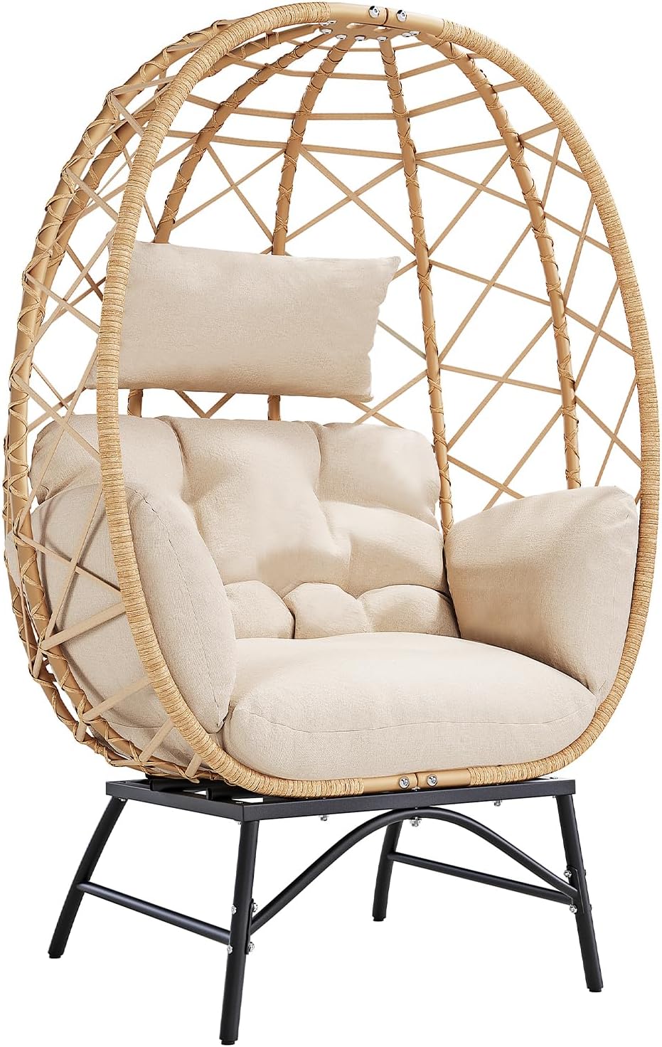 SWITTE Outdoor Wicker Egg Chair with Cushion, Patio Lounge Chair, Beige