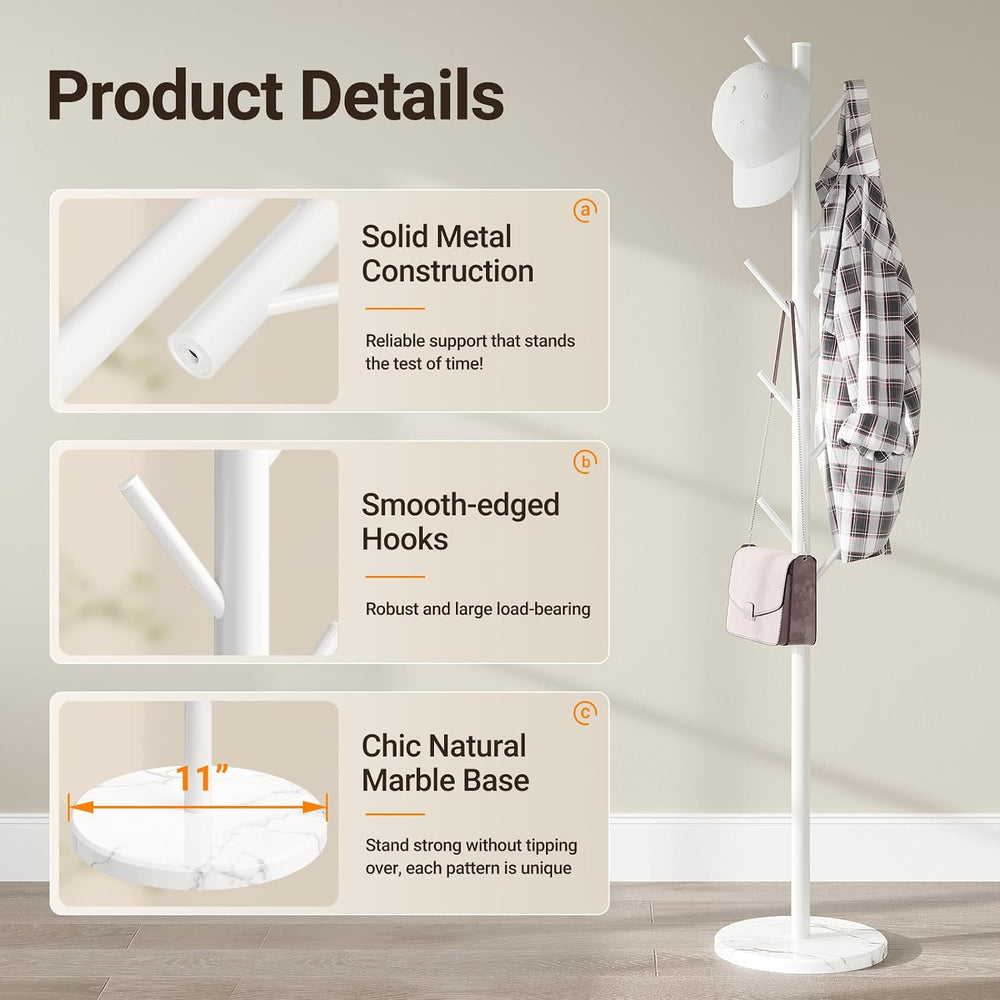 Coat Rack Freestanding, Metal Coat Rack with Natural Marble Base, White